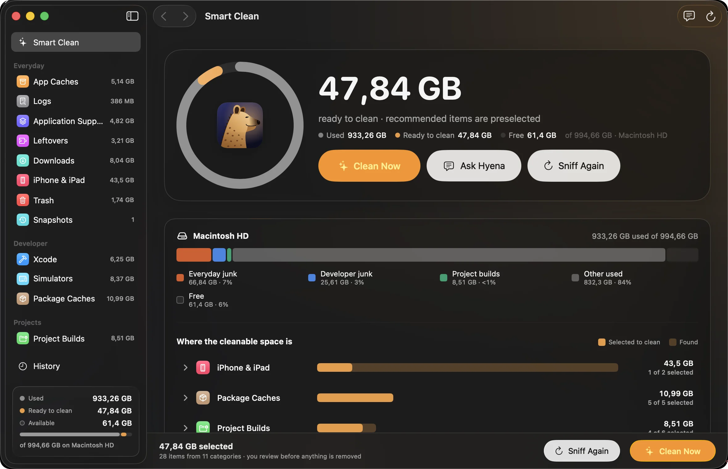 Hyena’s Smart Clean screen: a storage ring, space ready to clean, suggestions, and a tile for each category.