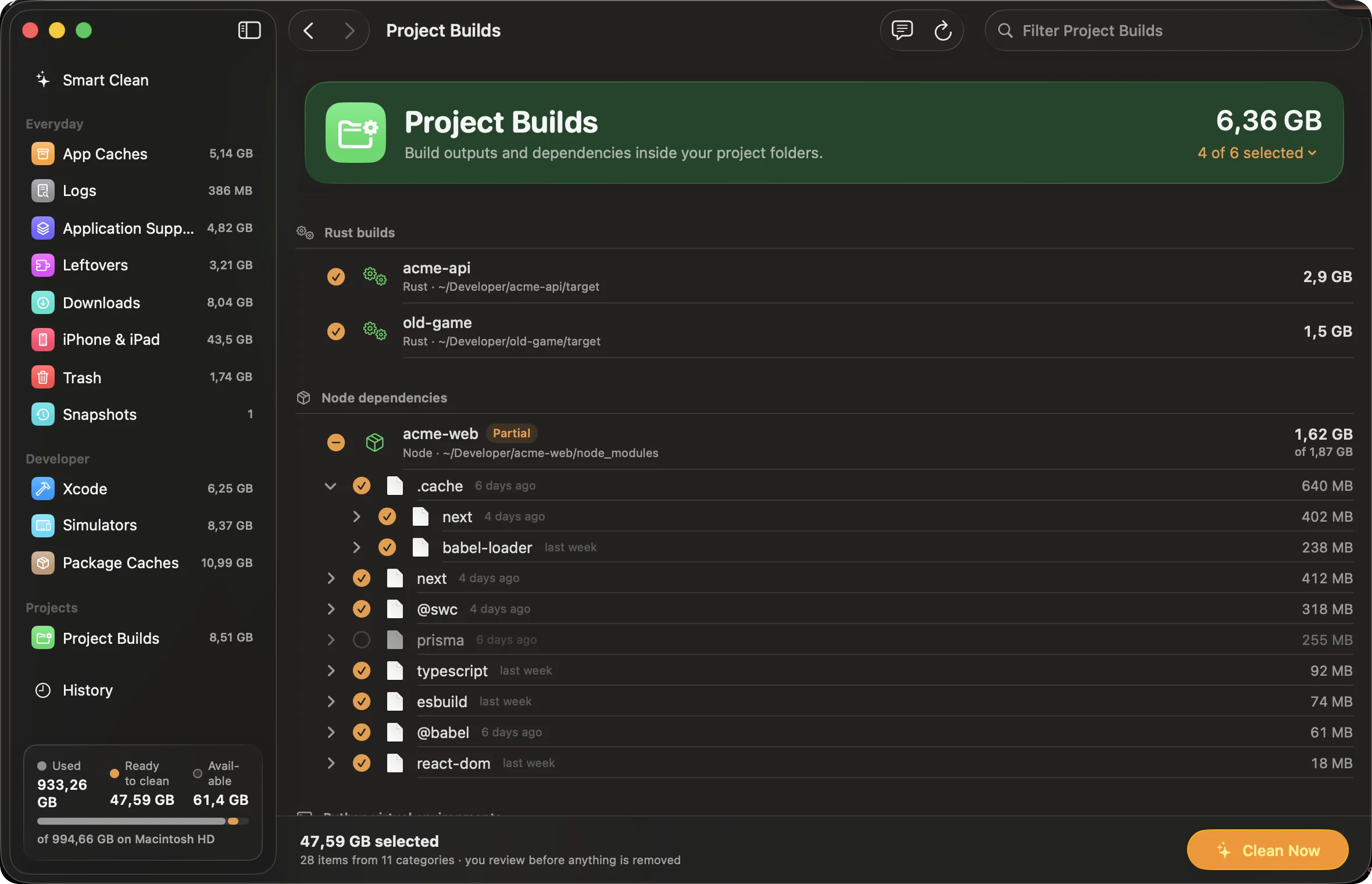 Project Builds with node_modules expanded into its folders, one of them unchecked.